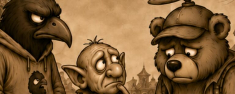 Zweiteiliger Crowbah-Comic auf schwarzem Hintergrund mit Logo „CROWBAH! – Finstere Faxen…“ und Titel „Heute: KI-Rationalisierung“. In beiden sepiafarbenen Panels stehen Crowbah, eine mürrische humanoide Krähe im Hoodie, Grabhold, ein kleiner trollartiger Begleiter, und der Hubschraubär, ein gedrückt wirkender Bär mit Propellermütze, auf einem gepflasterten Platz vor einer mittelalterlichen Stadtkulisse. Im ersten Panel fragt Crowbah den Hubschraubär, ob er nicht mehr für Moder-Pizza ausfliege; dieser antwortet, dass nun alles von KI gemacht werde. Im zweiten Panel vermutet Crowbah künstliche Intelligenz, worauf der Hubschraubär erklärt, er meine kleine Imbisselfen.