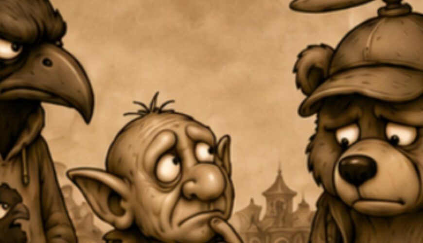 Zweiteiliger Crowbah-Comic auf schwarzem Hintergrund mit Logo „CROWBAH! – Finstere Faxen…“ und Titel „Heute: KI-Rationalisierung“. In beiden sepiafarbenen Panels stehen Crowbah, eine mürrische humanoide Krähe im Hoodie, Grabhold, ein kleiner trollartiger Begleiter, und der Hubschraubär, ein gedrückt wirkender Bär mit Propellermütze, auf einem gepflasterten Platz vor einer mittelalterlichen Stadtkulisse. Im ersten Panel fragt Crowbah den Hubschraubär, ob er nicht mehr für Moder-Pizza ausfliege; dieser antwortet, dass nun alles von KI gemacht werde. Im zweiten Panel vermutet Crowbah künstliche Intelligenz, worauf der Hubschraubär erklärt, er meine kleine Imbisselfen.