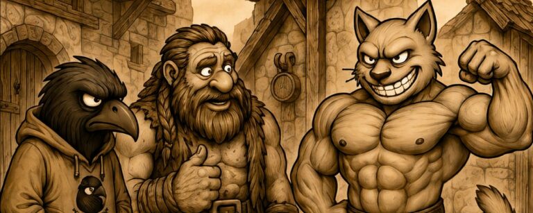 In beiden sepiafarbenen Panels stehen Crowbah, eine mürrische humanoide Krähe im Hoodie, Hammersbald, ein bärtiger Gott mit Fellkleidung, und der Muskelkater, ein muskulöser katzenartiger Bodybuilder, vor dem Schild des Darkside Gym in einer mittelalterlichen Stadtkulisse.