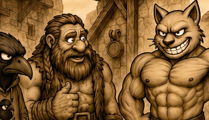 In beiden sepiafarbenen Panels stehen Crowbah, eine mürrische humanoide Krähe im Hoodie, Hammersbald, ein bärtiger Gott mit Fellkleidung, und der Muskelkater, ein muskulöser katzenartiger Bodybuilder, vor dem Schild des Darkside Gym in einer mittelalterlichen Stadtkulisse.