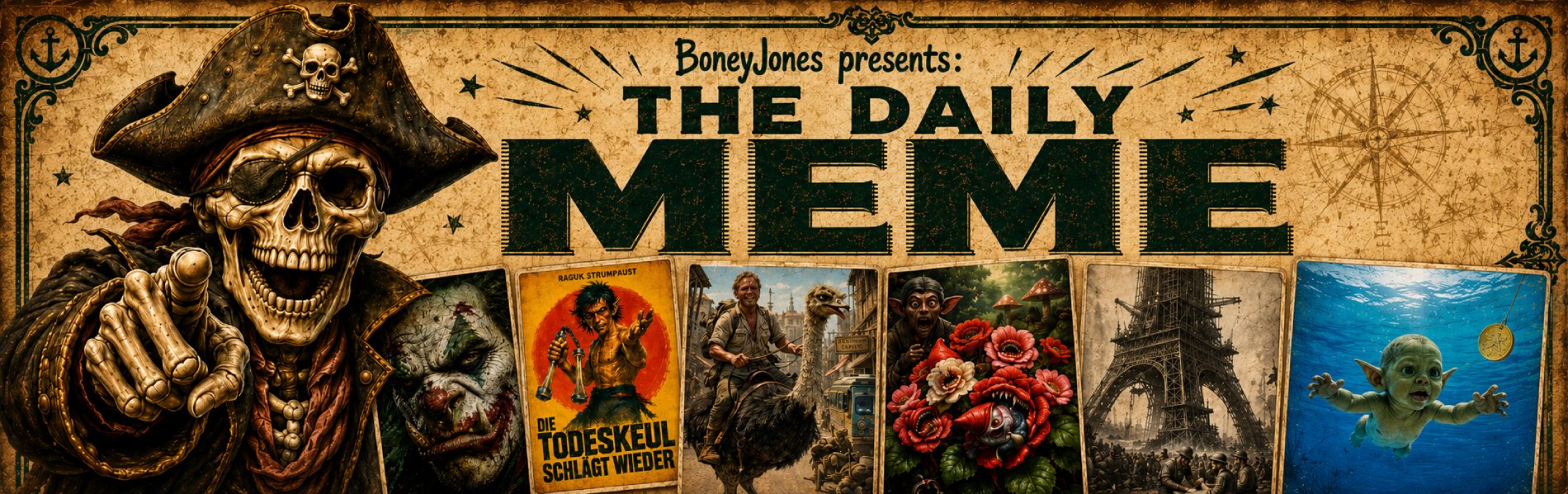 Breites Vintage-Banner zu „The Daily Meme“ auf pergamentfarbenem Hintergrund: Links zeigt ein grinsender Piraten-Skelettkapitän namens Boney Jones direkt auf den Betrachter. In der Mitte steht groß der Titel „The Daily Meme“, darunter reihen sich mehrere schräge Meme-Karten mit Fantasy-Parodien aneinander, darunter ein düsterer Clown-Ork, ein pulpiger Todeskeulen-Posterheld, ein Auswanderer auf einem Riesenvogel, bissige Blumen, ein Fantasyturm im Bau und ein schwimmendes Goblinbaby. Dunkelgrüne Ornamente, Anker-Symbole und ein alter Kartenlook rahmen das humorvolle Fantasykosmos-Banner.