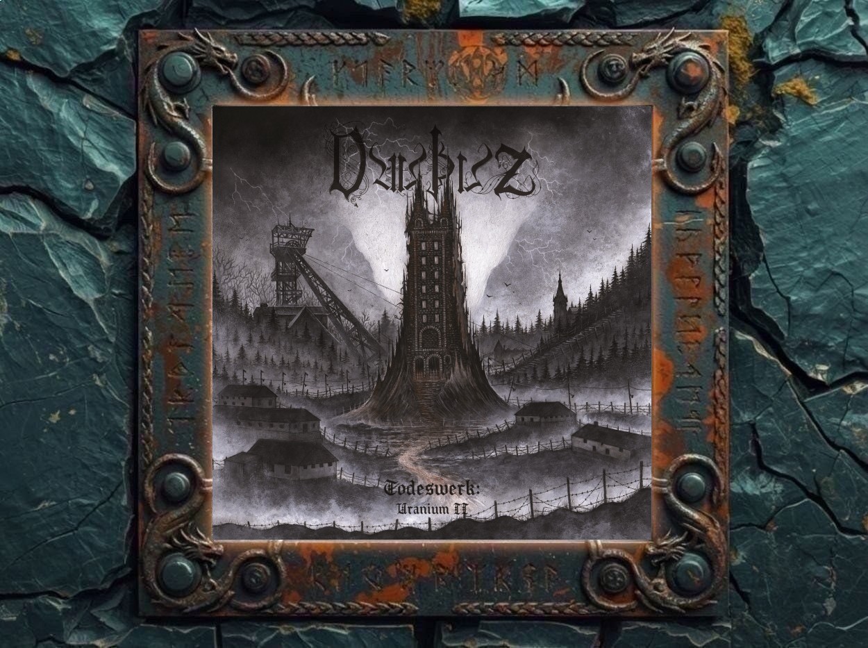 Albumcover von Dauþuz – Todeswerk: Uranium II: Schwarzweißes Bergwerks-Artwork mit einem düsteren Turm im Zentrum, Förderanlage links, Baracken, Zäunen, Wald und einem von Blitzen durchzogenen Himmel. Die Szene wirkt wie eine verlassene Uranminen-Landschaft zwischen Industrie, Lager und Todesort.