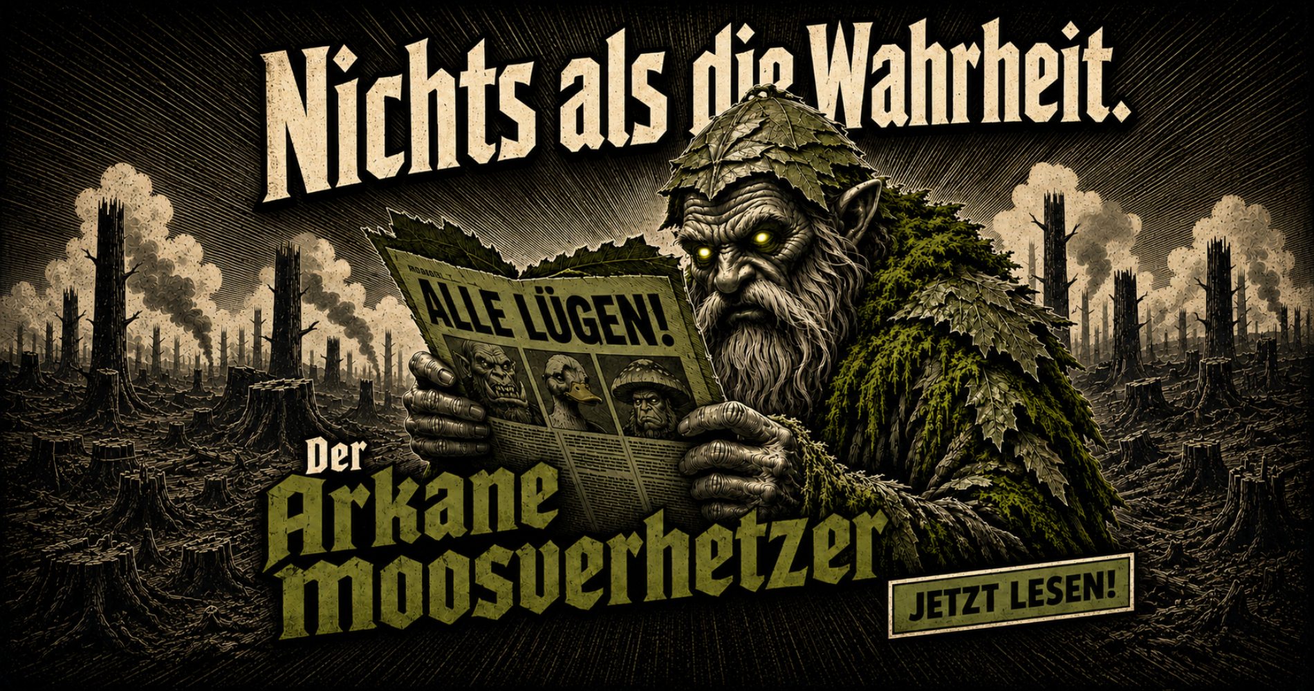 Moosbedeckter alter Waldschamane mit leuchtenden Augen liest aus einem grünen Blattpergament.