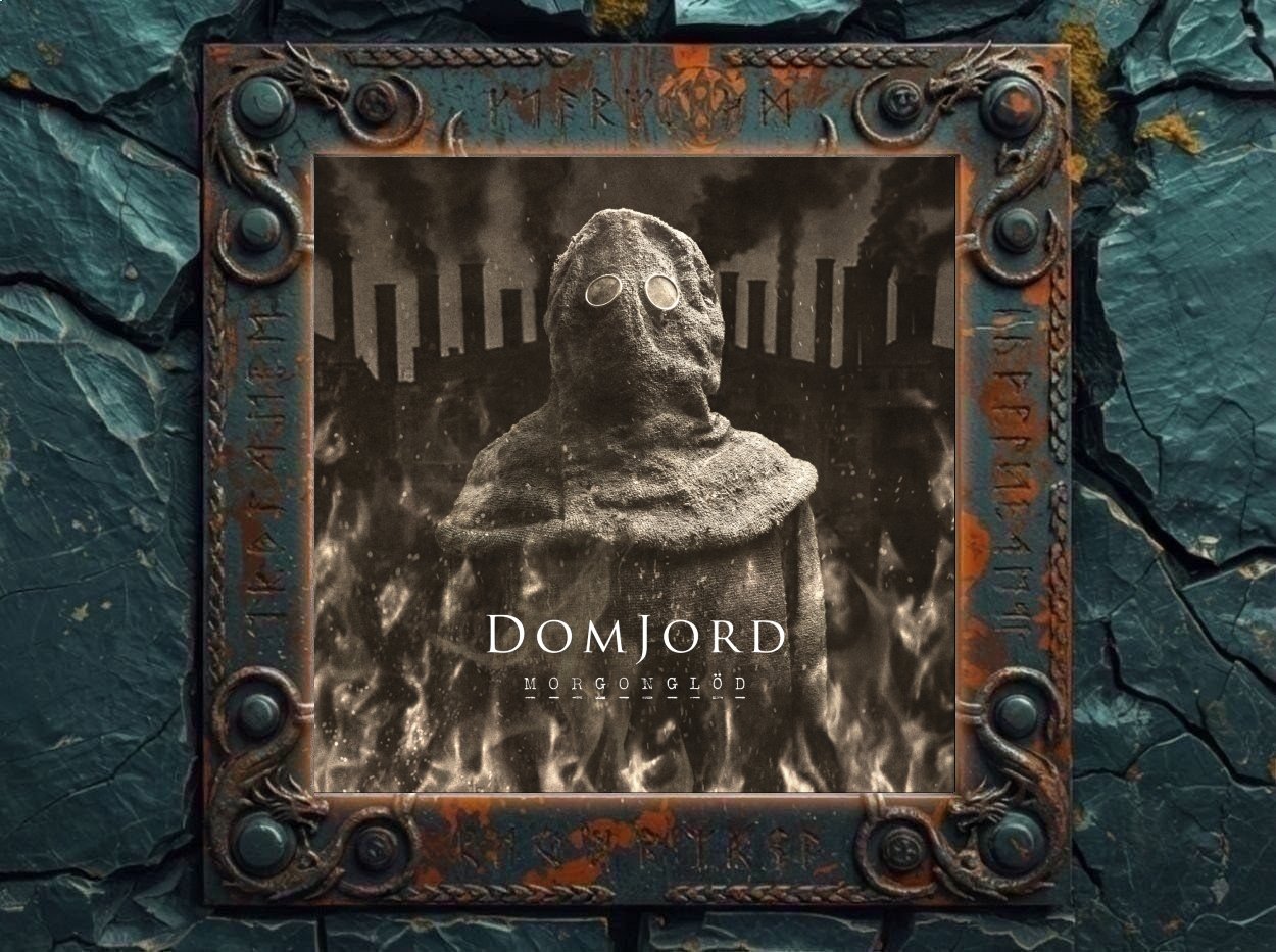 Albumcover von DomJord – Morgonglöd: Sepiafarbenes, düsteres Industrial-Dark-Ambient-Cover mit einer verhüllten Gestalt im Vordergrund, runden Brillengläsern, grobem Schutzumhang und rußiger Oberfläche. Im Hintergrund stehen rauchende Fabrikschlote vor einem dunklen Himmel, während unten Flammen und Asche aufsteigen. Über dem unteren Bildbereich steht der Schriftzug DomJord, darunter der Titel Morgonglöd.