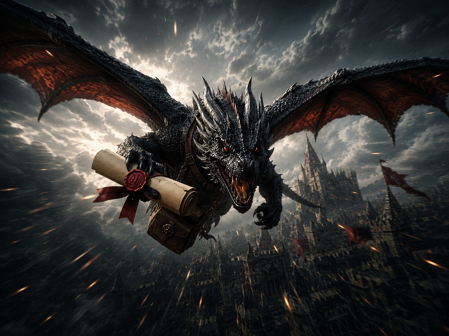 Unsere Rubrik Fantasy Aktuell wird symbolisiert durch einen rasenden Drachen, der dem Betrachter einen versiegelten Umschlag überbringt.
