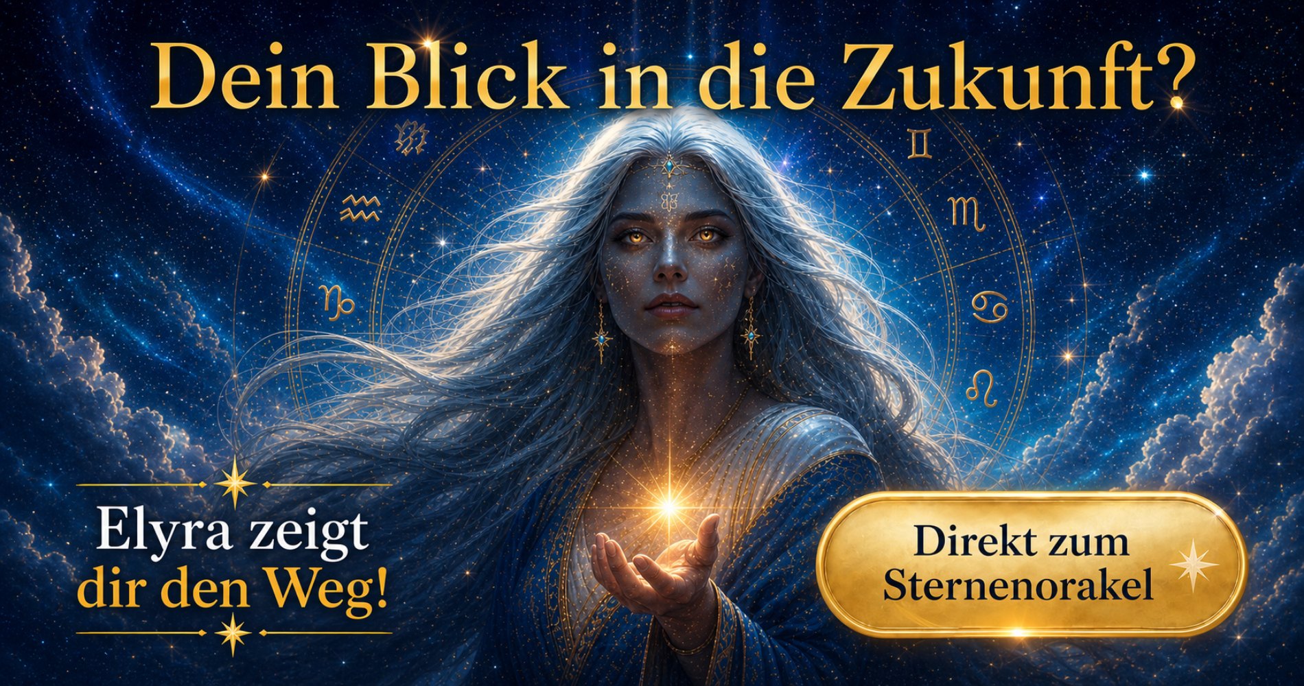 Elyras Sternenorakel Banner: Eine mystische Frau mit leuchtenden Augen blickt in die Sterne, um die Zukunft zu deuten.