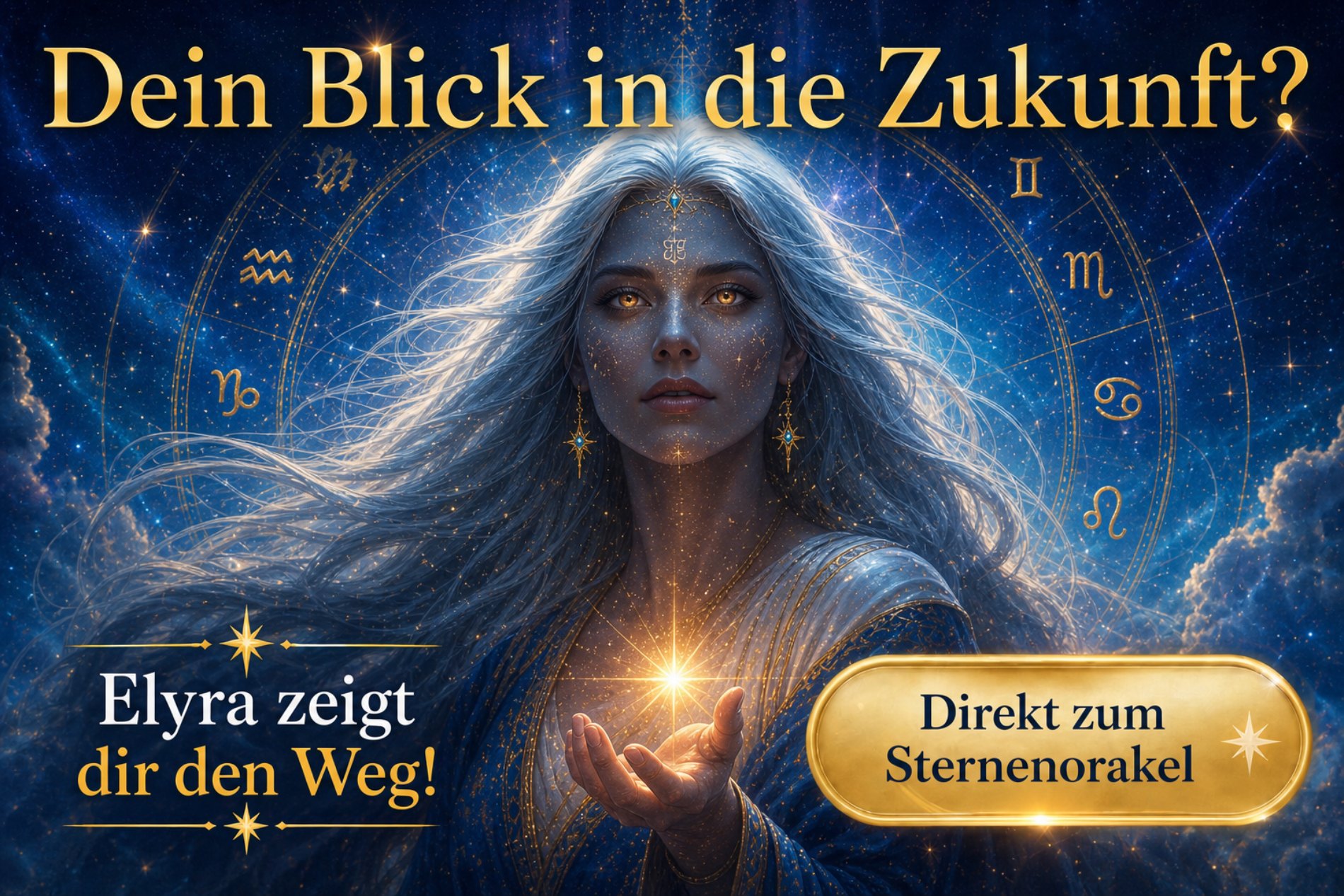 Mystisches Banner mit Elyra, der Sternengöttin: Ihr leuchtendes Gesicht vor einem funkelnden Sternenhimmel, goldener Schriftzug ‚Dein Blick in die Zukunft?‘ und ein glänzender goldener Button ‚Direkt zum Sternenorakel‘.