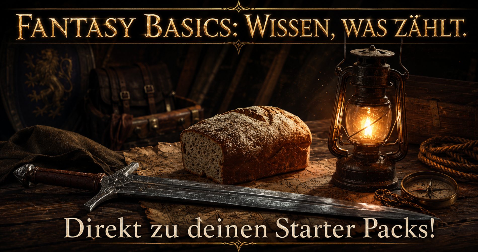 Auf einem Holztisch liegen ein Schwert, ein Laib Brot und eine alte Laterne – Banner für Fantasy Basics: Wissen, was zählt.