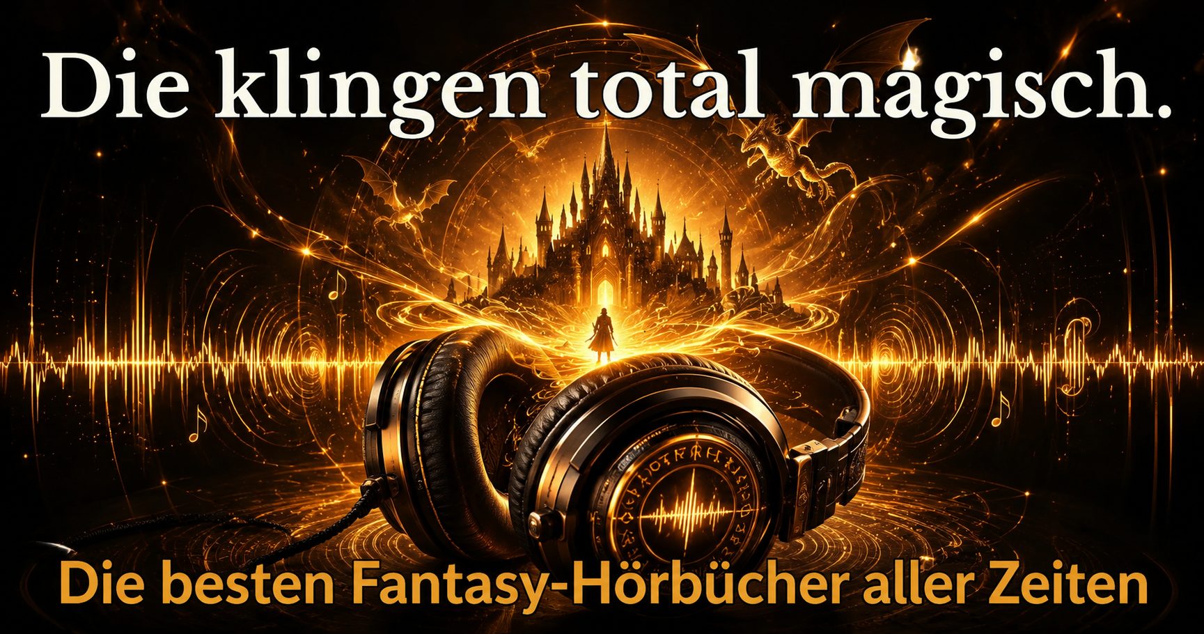 Ein Paar antik verzierter Kopfhörer auf einem steinernen Sockel. Aus den Ohrmuscheln strömt goldenes Licht, das sich in die Silhouetten von Burgen, Helden und Drachen verwandelt – Sinnbild für die Magie von Fantasy-Hörbüchern.