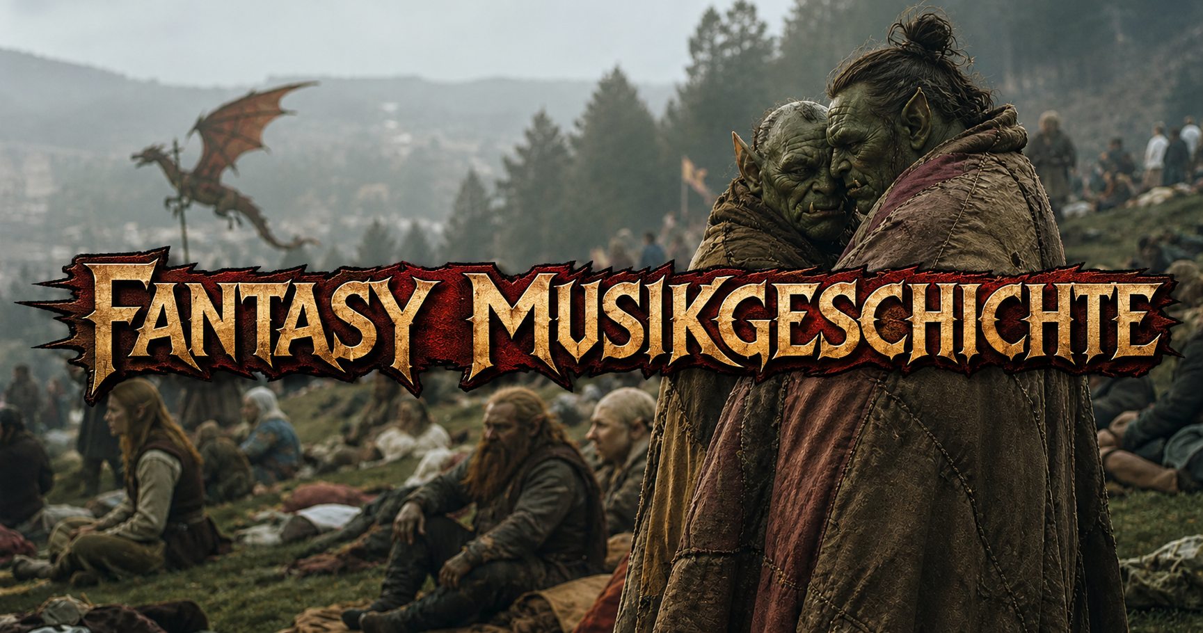 Fantasy-Musikgeschichte-Banner mit zwei in Decken gehüllten Orks auf einem großen Fantasy-Festival, im Hintergrund sitzende Elfen, Zwerge und Menschen auf einer Wiese sowie ein drachenförmiger Drachenflieger.