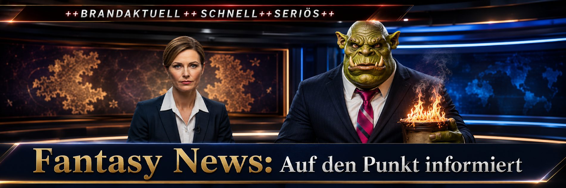 Nachrichtenszene mit einer seriösen Moderatorin und einem Ork im Anzug mit roter Krawatte; auf seiner Schulter lodert eine kleine Flamme – satirisches Fantasy-News-Banner.