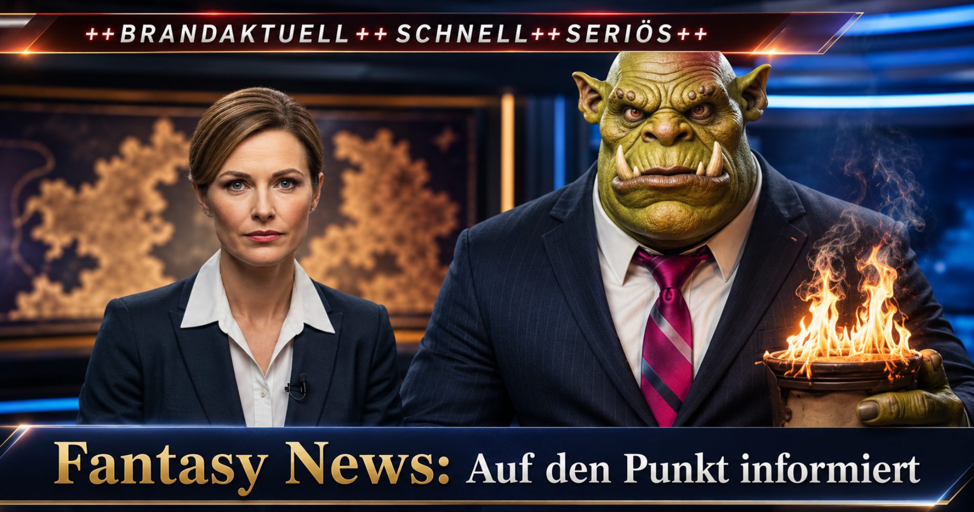 Fantasy News Banner: Eine menschliche Moderatorin und ein Ork im Anzug verkünden brandaktuelle Nachrichten, während ein brennendes Pergament für Dramatik sorgt.