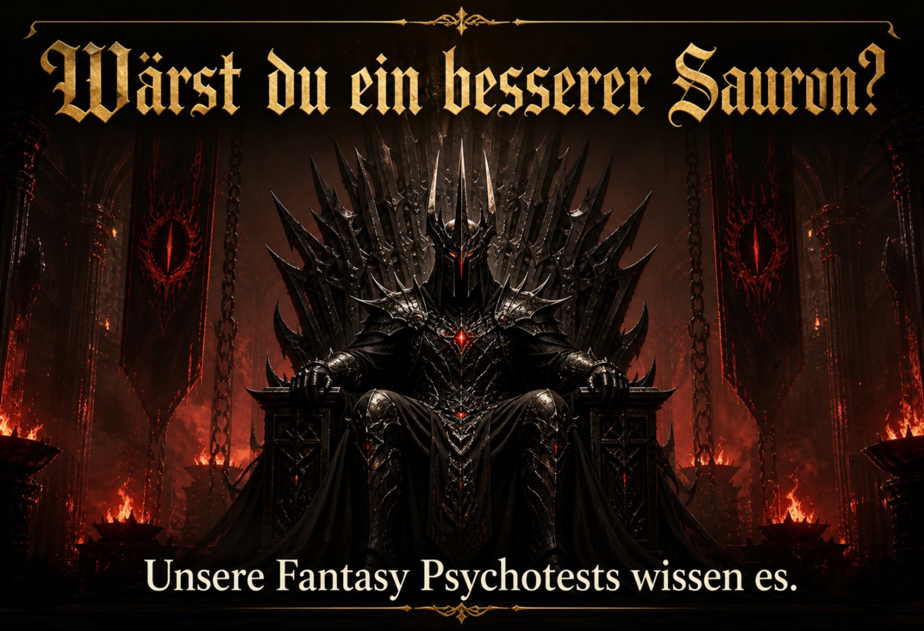 Humorvoller Fantasy-Banner: ein verdutzt dreinschauender Ork starrt direkt nach vorn, darüber steht groß ‚Selbsterkenntnis?‘, darunter der Slogan ‚Unsere Fantasy-Quizzes machen schlau.