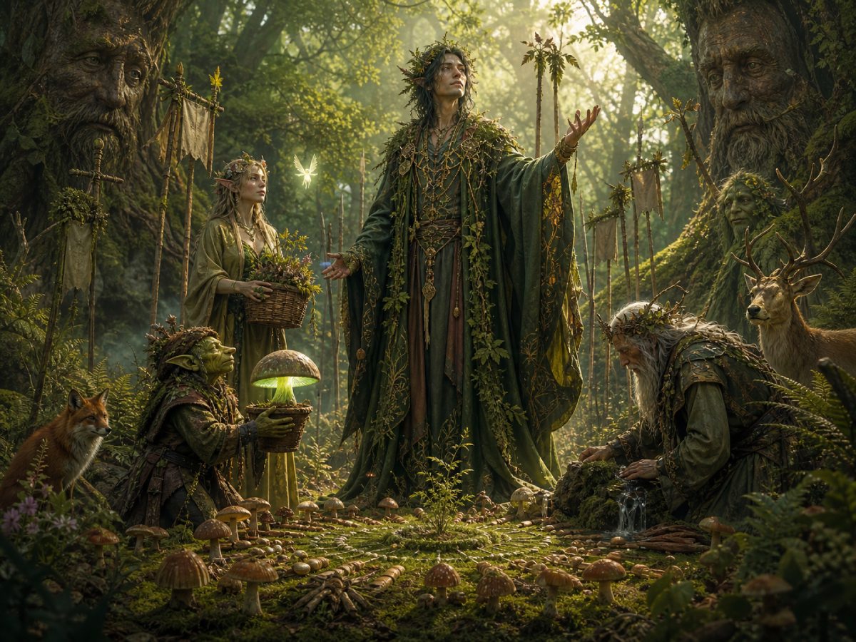 Naturmystische Fantasy-Partei in einem uralten Wald mit Moos, Pilzen, Baumgeistern und leuchtenden Runen