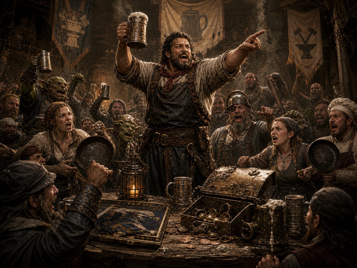 Lautstarke Fantasy-Volkspartei in einer Taverne mit Goblins, Handwerkern, Bierkrügen, Pfannen und Proteststimmung