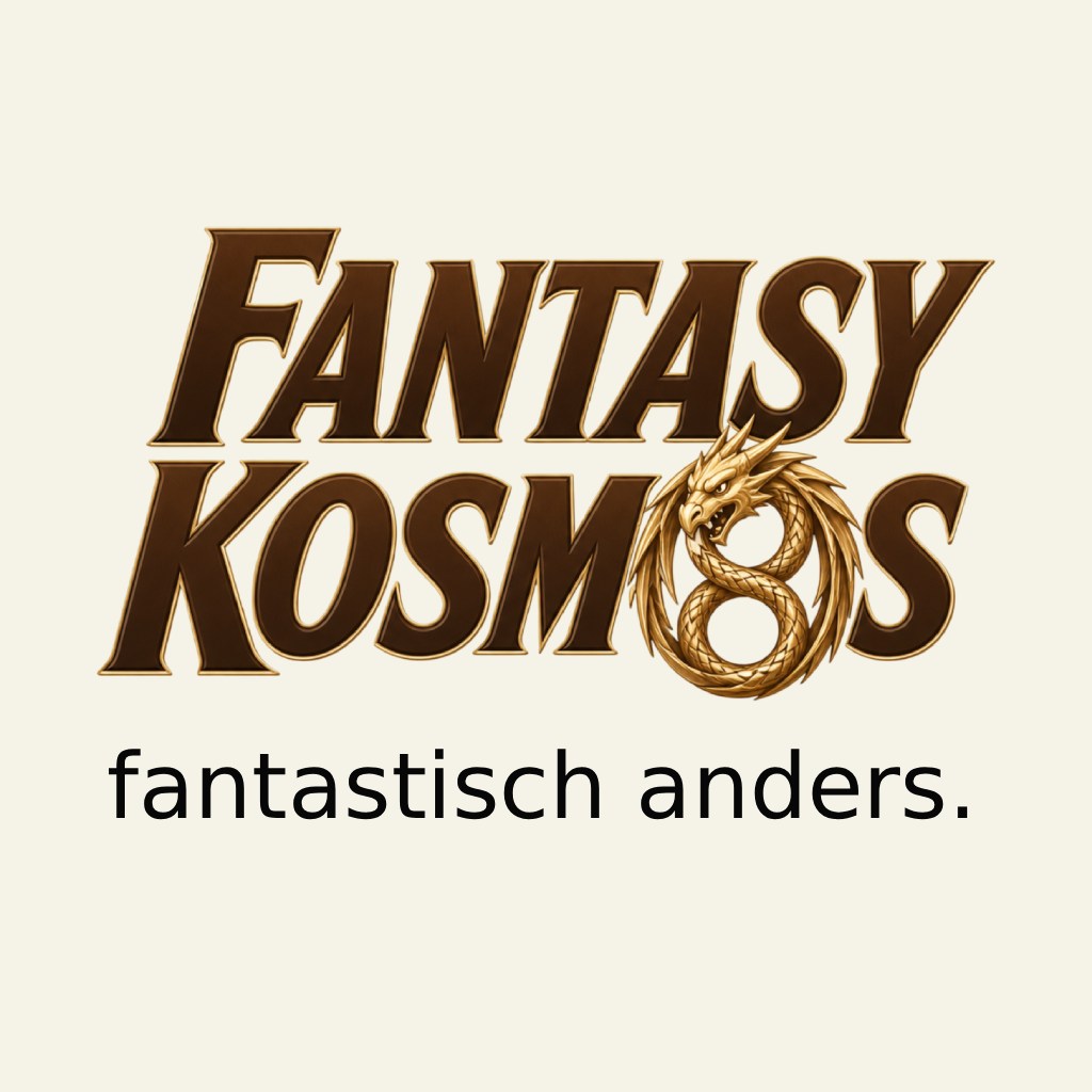 Logo Fantasykosmos mit gewundenem Drachen und Schrift: Fantastisch anders