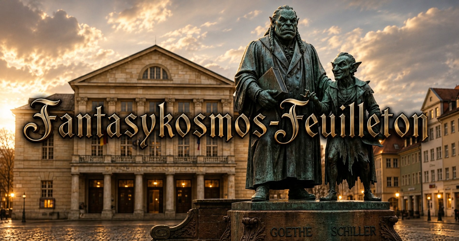 Goethe und Schiller als Bronze-Denkmal in Weimar, neu interpretiert: Goethe als Ork und Schiller als Goblin vor klassischem Theatergebäude