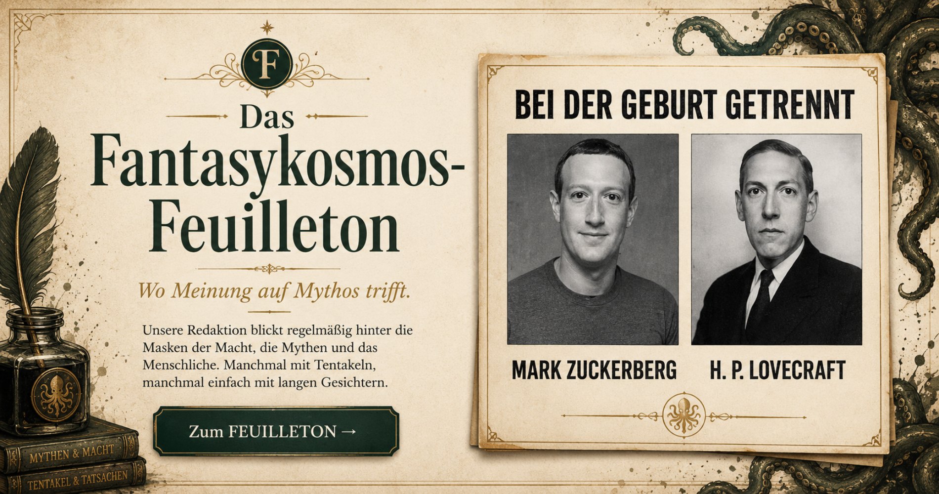Ein Bild für das Feuilleton mit diesem Text: Das Fantasykosmos-Feuilleton. Wo Meinung auf Mythos trifft. Unsere Redaktion blickt regelmäßig hinter die Masken der Macht, die Mythen und das Menschliche. Manchmal mit Tentakeln, manchmal einfach mit langen Gesichtern.
