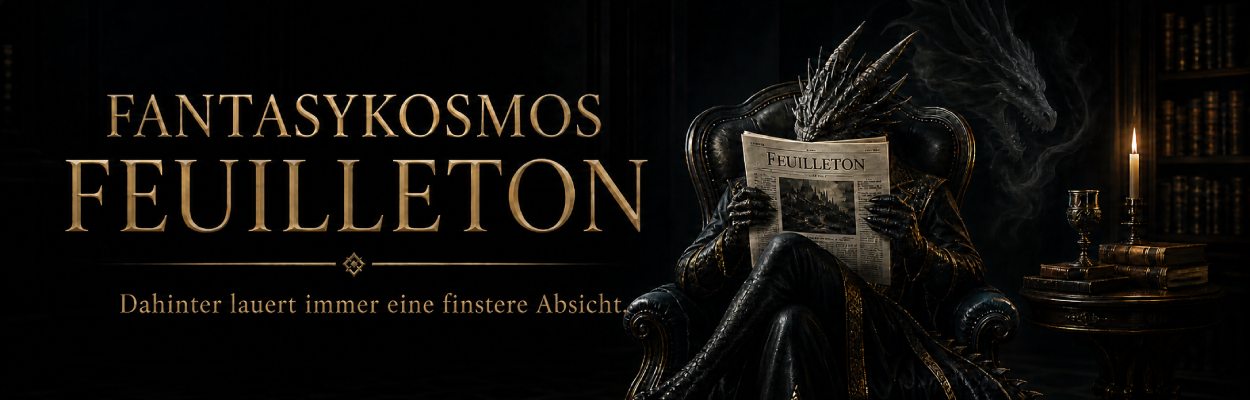 Der banner für das Fantasykosmos Feuilleton mit lesendem Drachen hinter Zeitung. 