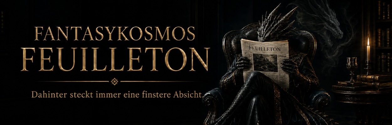 Der Banner für das Fantasykosmos Feuilleton mit lesendem Drachen hinter Zeitung. 