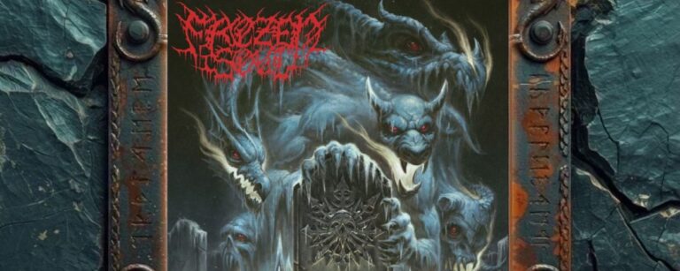 Albumcover von Frozen Soul – No Place Of Warmth: Mehrere blaue, dämonische Eiswesen mit roten Augen ragen aus einer frostigen Friedhofsszene hervor. Im Zentrum steht eine vereiste Grabplatte mit Totenkopfsymbol, die von einer klauenartigen Hand umfasst wird. Nebel, Eis, Grabsteine und kalte Blautöne erzeugen eine bedrohliche Death-Metal-Atmosphäre zwischen Gruft, Frost und Kreaturenhorror.