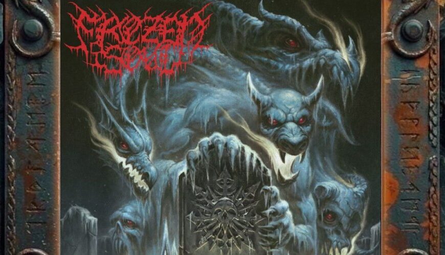 Albumcover von Frozen Soul – No Place Of Warmth: Mehrere blaue, dämonische Eiswesen mit roten Augen ragen aus einer frostigen Friedhofsszene hervor. Im Zentrum steht eine vereiste Grabplatte mit Totenkopfsymbol, die von einer klauenartigen Hand umfasst wird. Nebel, Eis, Grabsteine und kalte Blautöne erzeugen eine bedrohliche Death-Metal-Atmosphäre zwischen Gruft, Frost und Kreaturenhorror.