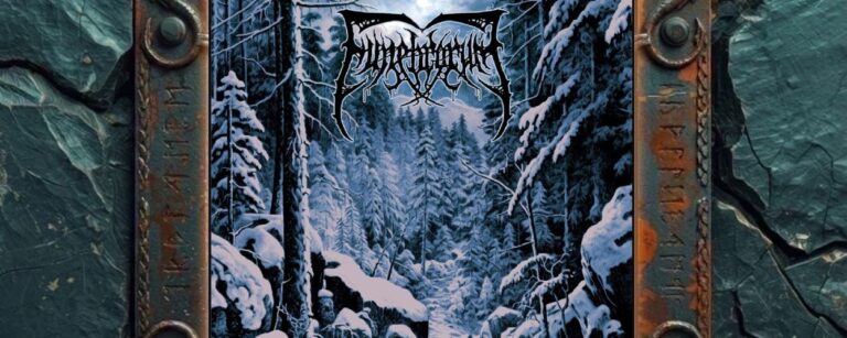 Albumcover von Funebrarum – Beckoning The Void Of Eternal Silence: Verschneite, blau getönte Waldlandschaft mit hohen dunklen Nadelbäumen, Felsen und einem schmalen Pfad durch tiefen Schnee. Oben steht das schwarze, eisig verzierte Funebrarum-Logo, unten klein der Albumtitel Beckoning The Void Of Eternal Silence in weißer Schrift.