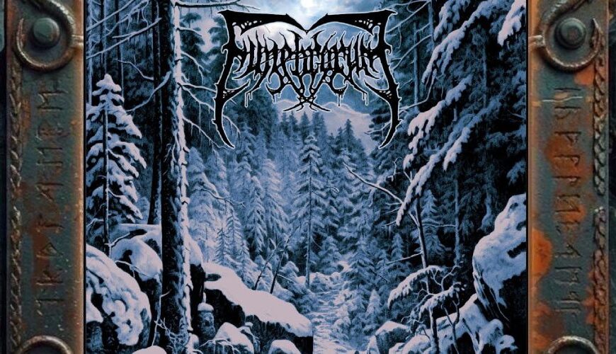 Albumcover von Funebrarum – Beckoning The Void Of Eternal Silence: Verschneite, blau getönte Waldlandschaft mit hohen dunklen Nadelbäumen, Felsen und einem schmalen Pfad durch tiefen Schnee. Oben steht das schwarze, eisig verzierte Funebrarum-Logo, unten klein der Albumtitel Beckoning The Void Of Eternal Silence in weißer Schrift.
