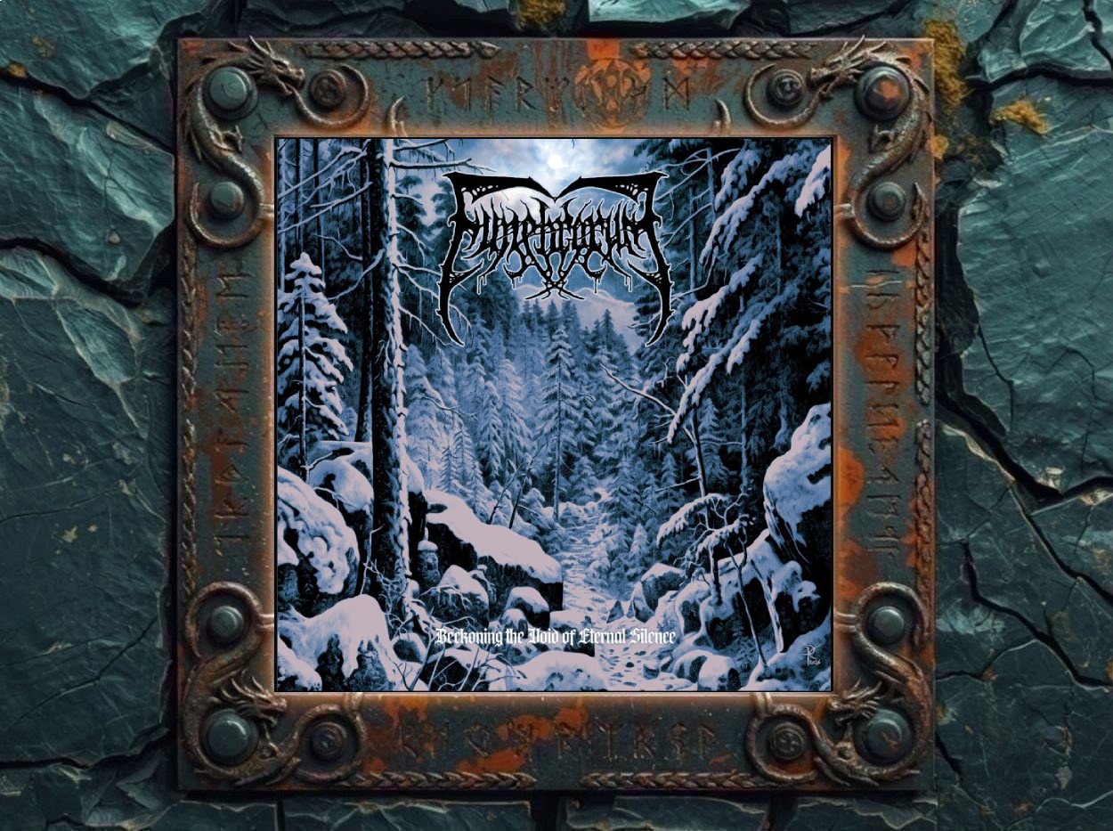 Albumcover von Funebrarum – Beckoning The Void Of Eternal Silence: Verschneite, blau getönte Waldlandschaft mit hohen dunklen Nadelbäumen, Felsen und einem schmalen Pfad durch tiefen Schnee. Oben steht das schwarze, eisig verzierte Funebrarum-Logo, unten klein der Albumtitel Beckoning The Void Of Eternal Silence in weißer Schrift.