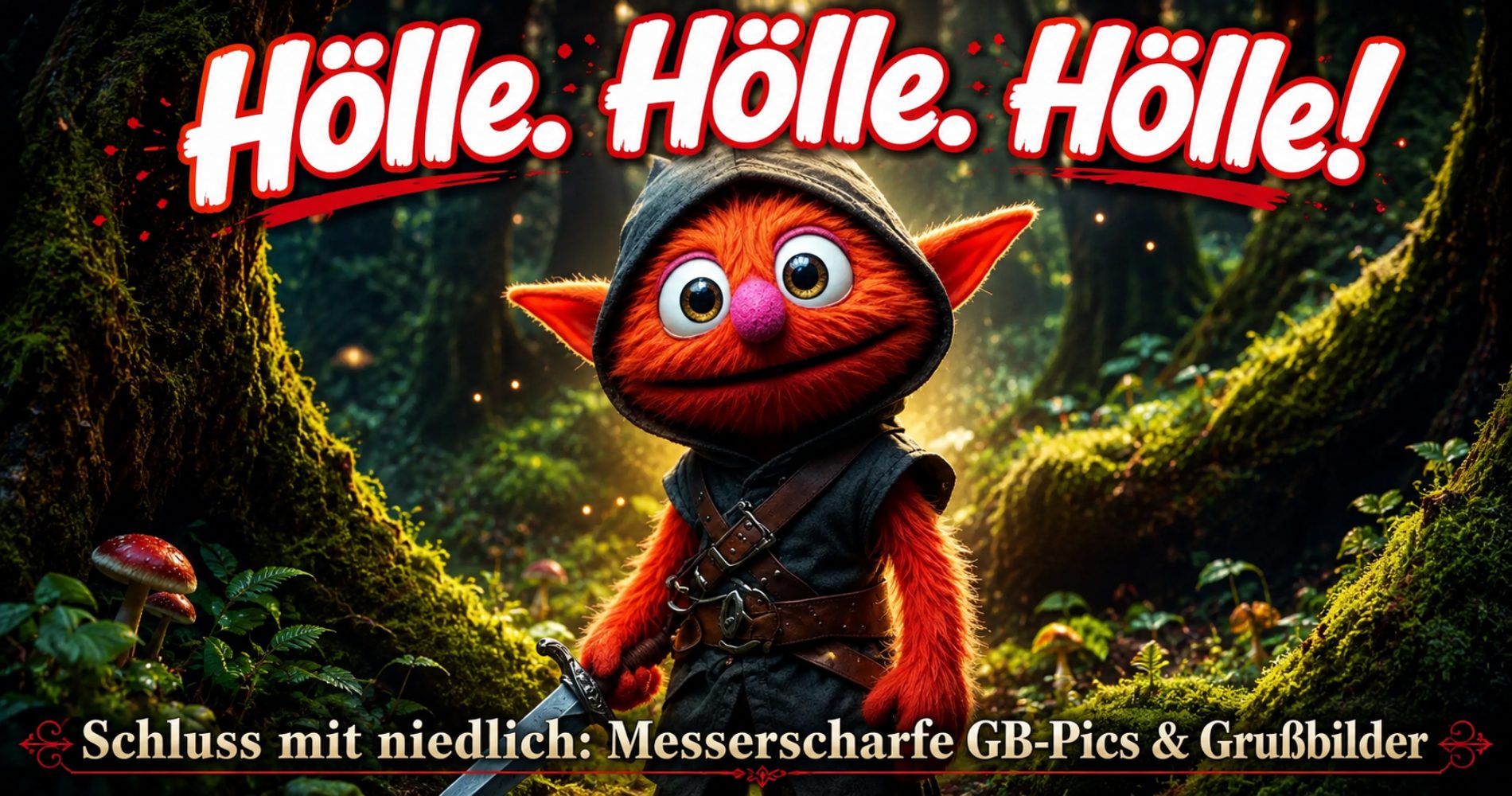 Ein rotes, plüschiges Fantasy-Wesen mit Kapuze und Schwert steht in einem grünen Wald und blickt mit großen Augen direkt in die Kamera. Text: ‚Hölle, Hölle, Hölle! Schluss mit niedlich: Messerscharfe GB-Pics & Grußbilder.