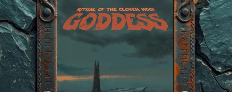 Albumcover von Goddess – Ritual Of The Cloven Hoof: Düsteres Doom-Cover mit schwerem, orangefarbenem Goddess-Logo im oberen Bereich. Darunter eine dunkle, neblige Küsten- oder Moorlandschaft mit einem einsamen schwarzen Turm, kleinen Feuern am Boden, flachem Wasser, Felsen und schweren Wolken am Horizont.