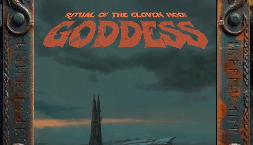 Albumcover von Goddess – Ritual Of The Cloven Hoof: Düsteres Doom-Cover mit schwerem, orangefarbenem Goddess-Logo im oberen Bereich. Darunter eine dunkle, neblige Küsten- oder Moorlandschaft mit einem einsamen schwarzen Turm, kleinen Feuern am Boden, flachem Wasser, Felsen und schweren Wolken am Horizont.