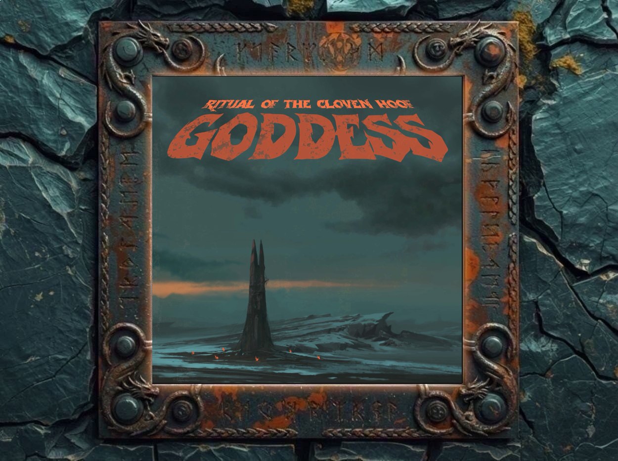 Albumcover von Goddess – Ritual Of The Cloven Hoof: Düsteres Doom-Cover mit schwerem, orangefarbenem Goddess-Logo im oberen Bereich. Darunter eine dunkle, neblige Küsten- oder Moorlandschaft mit einem einsamen schwarzen Turm, kleinen Feuern am Boden, flachem Wasser, Felsen und schweren Wolken am Horizont.