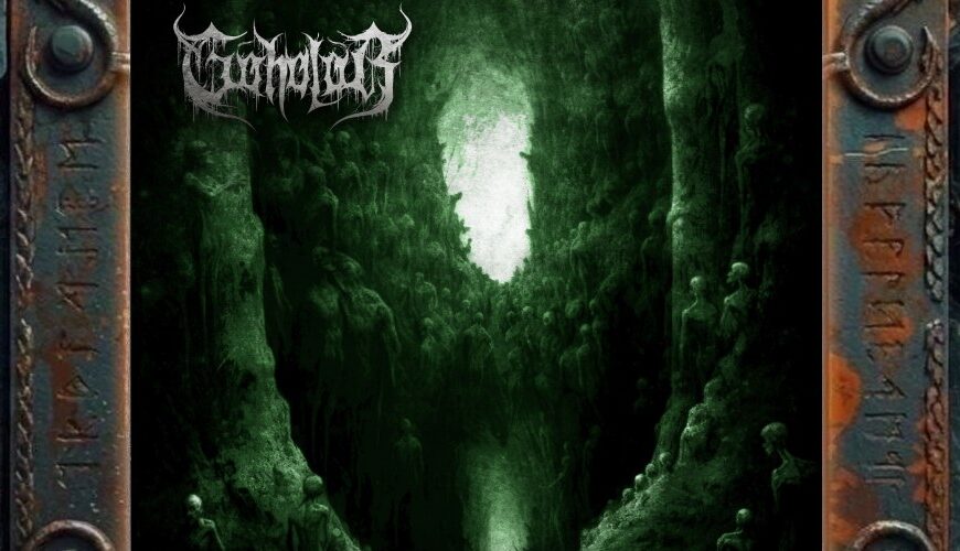 Albumcover von Goholor – Locus Damnatorum: Eine dunkelgrüne, höhlenartige Schlucht voller dürrer, gesichtsloser Gestalten. Die Figuren stehen und hängen an den Felswänden, als wären sie mit dem Stein verwachsen. In der Mitte leuchtet ein heller, unheimlicher Lichtschlund, der eher wie eine falsche Erlösung als wie ein Ausgang wirkt. Oben links steht das Bandlogo, unten der Albumtitel.