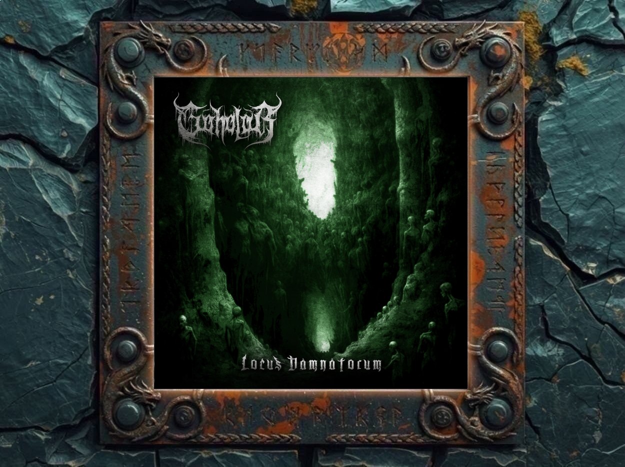 Albumcover von Goholor – Locus Damnatorum: Eine dunkelgrüne, höhlenartige Schlucht voller dürrer, gesichtsloser Gestalten. Die Figuren stehen und hängen an den Felswänden, als wären sie mit dem Stein verwachsen. In der Mitte leuchtet ein heller, unheimlicher Lichtschlund, der eher wie eine falsche Erlösung als wie ein Ausgang wirkt. Oben links steht das Bandlogo, unten der Albumtitel.