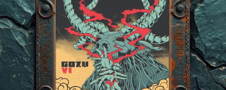 Albumcover von Gozu – Gozu VI: Grafisches Cover im rauen Comic- und Siebdruckstil mit einem großen türkisfarbenen Ziegenschädel, gewaltigen gebogenen Hörnern und roten Blitzlinien, die über Schädel und Hörner laufen. Im unteren Bereich steigen stilisierte Staubwolken auf, während die Farbpalette aus Türkis, Rot, Schwarz und Sandgelb eine wüstenhafte, fuzzige Heavy-Rock-Atmosphäre erzeugt.