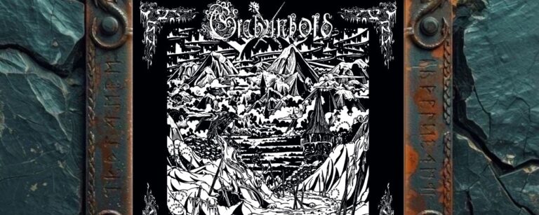 Albumcover von Grabunhold – Frostheim: Schwarzweißes Black-Metal-Cover im Holzschnittstil mit verschneiter Gebirgslandschaft, hohen Bergen, Wolken, Pfaden, Zelten, Speeren und einer rabenhaften Gestalt im Vordergrund. Oben steht das verschnörkelte Grabunhold-Logo, unten der Albumtitel Frostheim in gotischer Schrift. Das Bild wirkt mittelalterlich, frostig und stark von Fantasy- und Dungeon-Ästhetik geprägt.