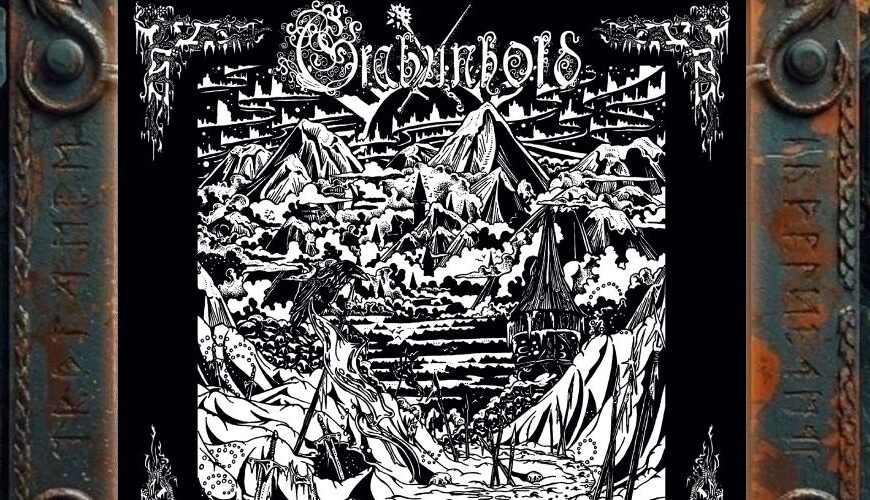 Albumcover von Grabunhold – Frostheim: Schwarzweißes Black-Metal-Cover im Holzschnittstil mit verschneiter Gebirgslandschaft, hohen Bergen, Wolken, Pfaden, Zelten, Speeren und einer rabenhaften Gestalt im Vordergrund. Oben steht das verschnörkelte Grabunhold-Logo, unten der Albumtitel Frostheim in gotischer Schrift. Das Bild wirkt mittelalterlich, frostig und stark von Fantasy- und Dungeon-Ästhetik geprägt.