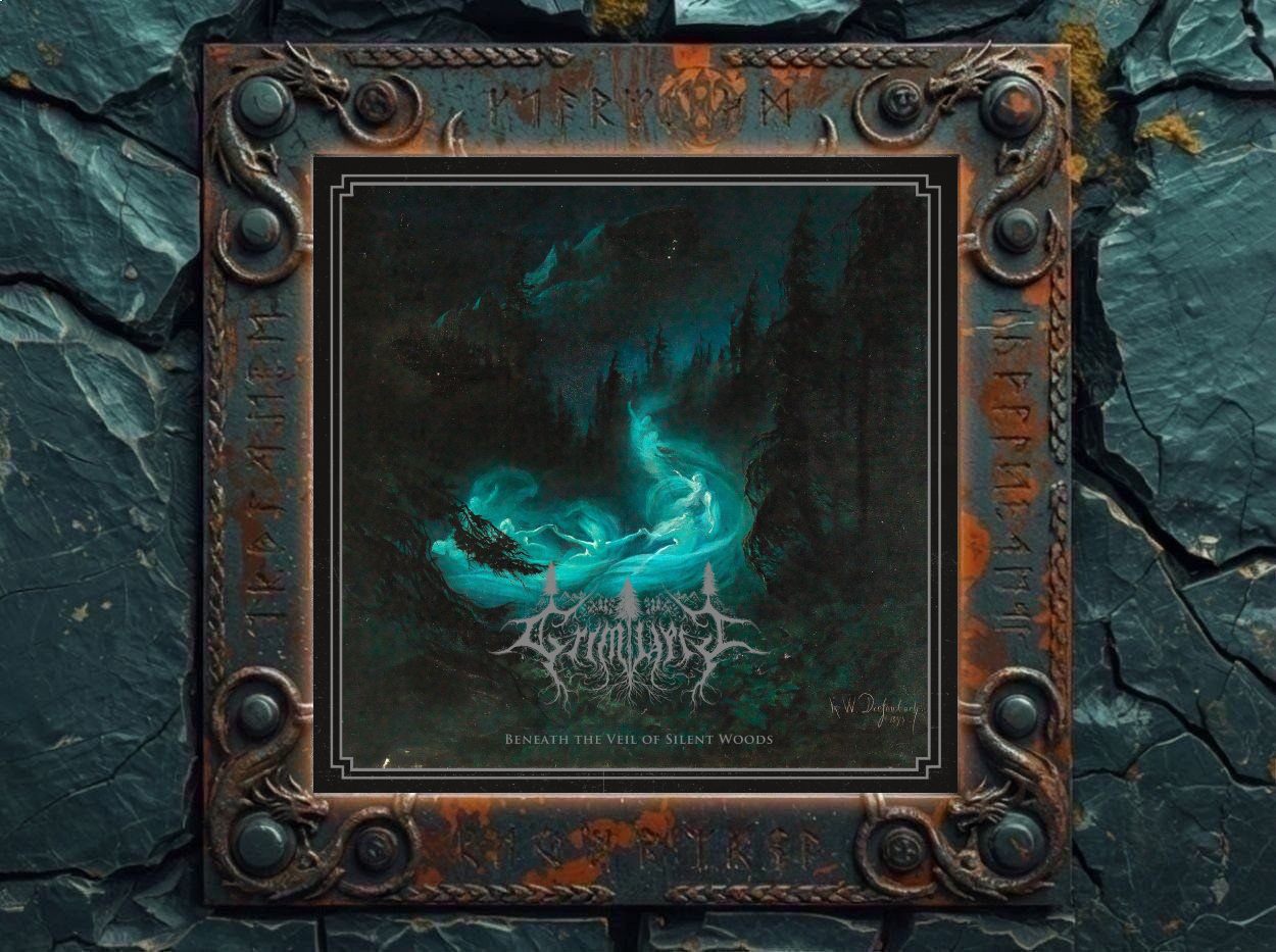 Albumcover von Grimveil – Beneath the Veil of Silent Woods: Dunkles Wald-Artwork mit schwarzen Tannen, tiefem Schatten und türkisgrün leuchtendem Nebel oder Licht in der Mitte. Das Bandlogo ist in silbrigem Weiß mit Wurzeln und Baumformen gestaltet. Unten steht der Albumtitel Beneath the Veil of Silent Woods. Das Bild wirkt mystisch, melancholisch und atmosphärisch.