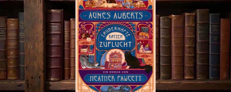 Farbenfrohes Cover von Agnes Auberts zauberhafte Katzenzuflucht mit zahlreichen Katzen, Büchern, magischen Gegenständen, ornamentalen Rahmen und einem kleinen Hausmodell vor blauem und rosafarbenem Hintergrund.