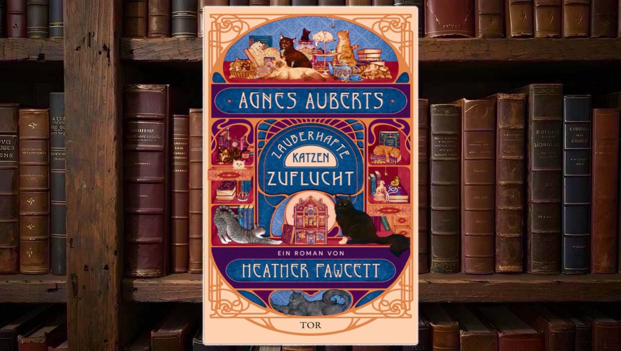 Farbenfrohes Cover von Agnes Auberts zauberhafte Katzenzuflucht mit zahlreichen Katzen, Büchern, magischen Gegenständen, ornamentalen Rahmen und einem kleinen Hausmodell vor blauem und rosafarbenem Hintergrund.