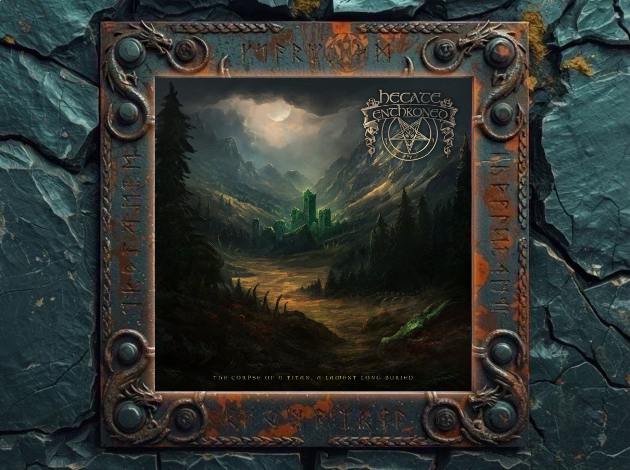 Albumcover von Hecate Enthroned – The Corpse Of A Titan, A Lament Long Buried: Dunkle Fantasy-Landschaft mit nebligem Gebirgstal, schwarzem Wald, fahlem Mondlicht und einer grünlich leuchtenden Ruine in der Ferne. Im Vordergrund liegen dunkle Erde, Moos, Knochen und hornartige Formen. Oben rechts steht das Bandlogo mit okkultem Symbol, unten der Albumtitel.