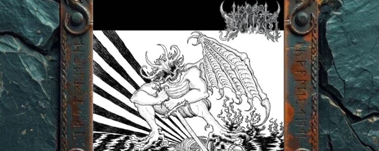 Albumcover von Hoc est Bellum – Filth Majesty: Schwarzweißes Underground-Artwork mit einer grotesken dämonischen Fledermaus-Käfer-Kreatur, die mit ausgebreiteten Flügeln über Skeletten und Schädeln steht. Das Bild wirkt roh, handgezeichnet und stark vom extremen Black- und Death-Metal-Fanzine-Stil geprägt. Oben rechts steht das Bandlogo, unten der Albumtitel.