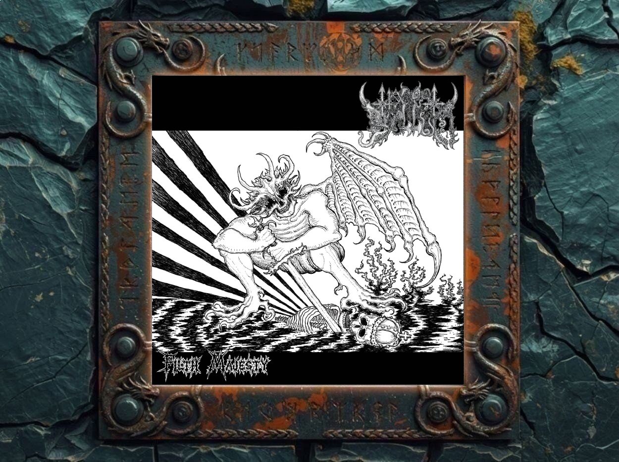 Albumcover von Hoc est Bellum – Filth Majesty: Schwarzweißes Underground-Artwork mit einer grotesken dämonischen Fledermaus-Käfer-Kreatur, die mit ausgebreiteten Flügeln über Skeletten und Schädeln steht. Das Bild wirkt roh, handgezeichnet und stark vom extremen Black- und Death-Metal-Fanzine-Stil geprägt. Oben rechts steht das Bandlogo, unten der Albumtitel.