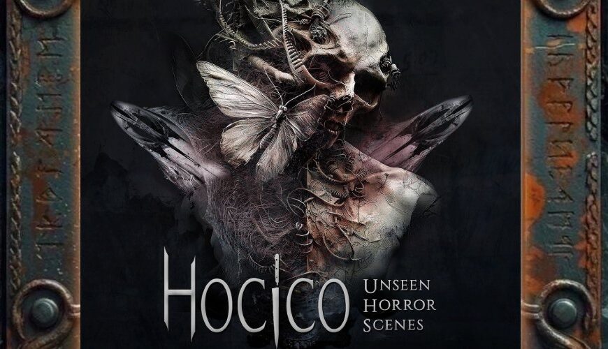 Albumcover von Hocico – Unseen Horror Scenes: Vor dunklem Hintergrund steht ein verstörender, halb skelettierter Oberkörper, dessen Schädel, Hals und Brustraum von Drähten, Dornen, Schläuchen und organischen Strängen durchwachsen sind. An der linken Schulter sitzt ein heller Falter, während seitlich dunkle, flügelartige Formen aus dem Körper ragen. Das Bild verbindet menschliche Überreste, Insektenanmutung und technische Verwucherung zu einer düsteren Vision von körperlichem und digitalem Verfall.