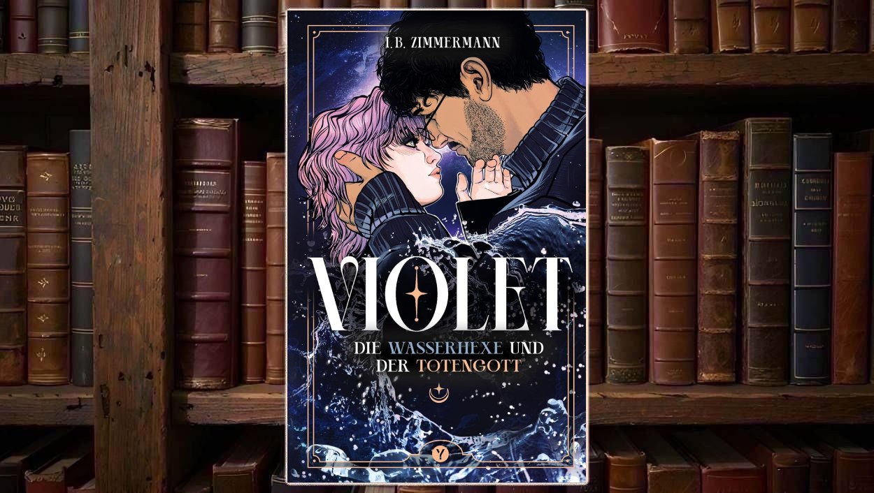 Cover von Violet – Die Wasserhexe und der Totengott mit einer jungen Frau mit violettem Haar und spitzen Ohren, einem dunkelhaarigen Mann, Sternenhintergrund, Wasserwellen und großer weißer Titelschrift.