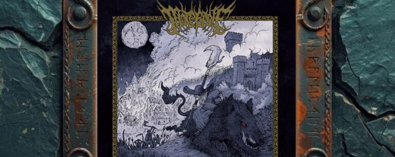 Albumcover von Malebeste – Monestherou: Gezeichnetes Black-Metal-Cover mit dunkelblauer Nachtstimmung und goldenem Rahmen. Eine dunkle Gestalt mit Sense reitet auf einem großen schwarzen Wolf oder wolfartigen Tier mit rotem Auge. Im Hintergrund brennt ein Dorf, Menschen laufen mit Werkzeugen oder Waffen, rechts steht eine Burg unter Wolken und Mond. Oben befindet sich das goldene Malebeste-Logo, unten der Albumtitel Monestherou.