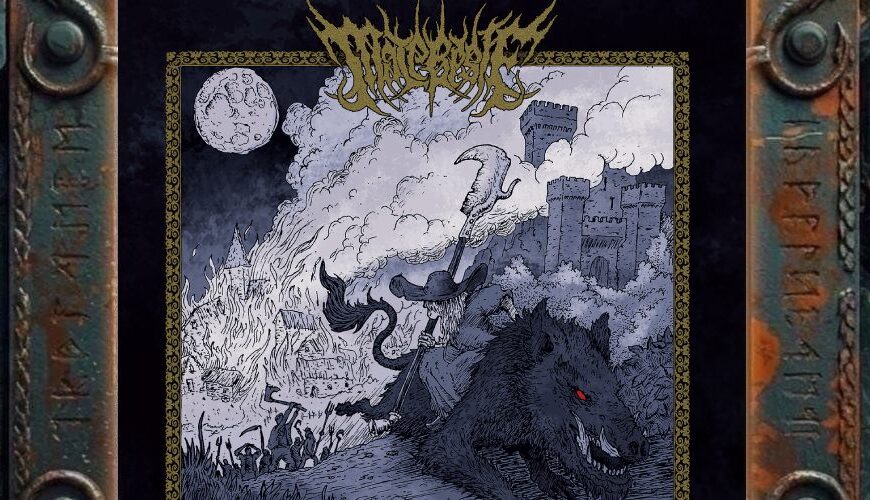 Albumcover von Malebeste – Monestherou: Gezeichnetes Black-Metal-Cover mit dunkelblauer Nachtstimmung und goldenem Rahmen. Eine dunkle Gestalt mit Sense reitet auf einem großen schwarzen Wolf oder wolfartigen Tier mit rotem Auge. Im Hintergrund brennt ein Dorf, Menschen laufen mit Werkzeugen oder Waffen, rechts steht eine Burg unter Wolken und Mond. Oben befindet sich das goldene Malebeste-Logo, unten der Albumtitel Monestherou.