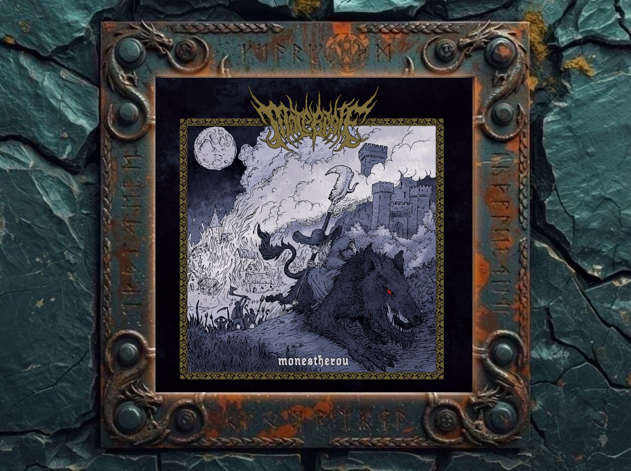 Albumcover von Malebeste – Monestherou: Gezeichnetes Black-Metal-Cover mit dunkelblauer Nachtstimmung und goldenem Rahmen. Eine dunkle Gestalt mit Sense reitet auf einem großen schwarzen Wolf oder wolfartigen Tier mit rotem Auge. Im Hintergrund brennt ein Dorf, Menschen laufen mit Werkzeugen oder Waffen, rechts steht eine Burg unter Wolken und Mond. Oben befindet sich das goldene Malebeste-Logo, unten der Albumtitel Monestherou.