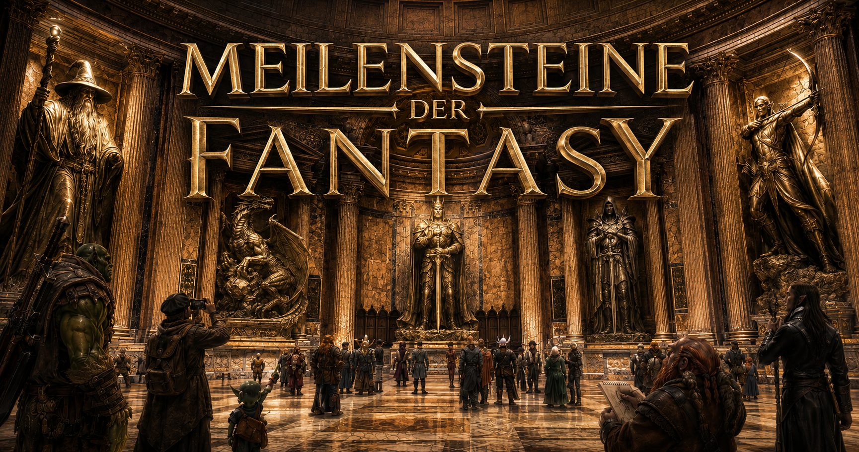 Das Pantheon der Fantasy zeigt riesige steinerne Fantayfiguren wie Zauberer und Drachen. Im Pantheon stehen viel unterschiedliche Besucher, die die Figuren betrachten. Headline: Meilensteine der Fantasy. 